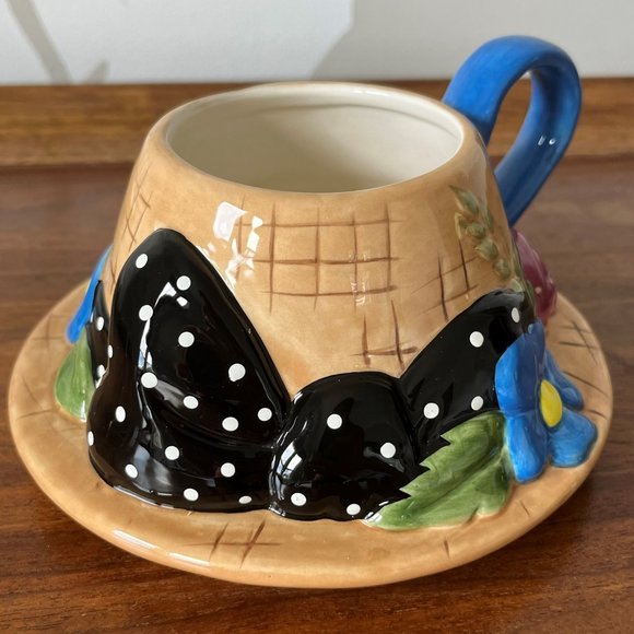 Mary Engelbreit Straw Hat Figural Mug by Charpente 1995 Polka Dot Bow & Flowers - Picture 3 of 9